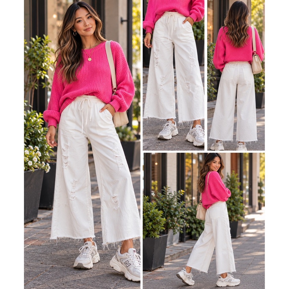 POL White Distressed Wide Leg Drawstring Pants Womens Small Boho Raw Hem SMP470